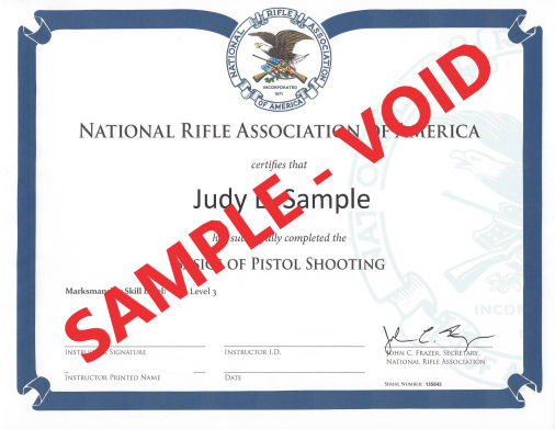NRA Basics of Pistol Shooting Course Certificate Sample